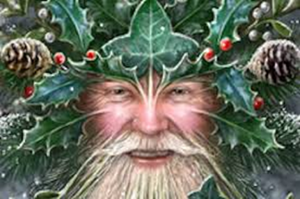 An artistic depiction of Santa Claus with holiday-associated foliage sprouting out of his face.