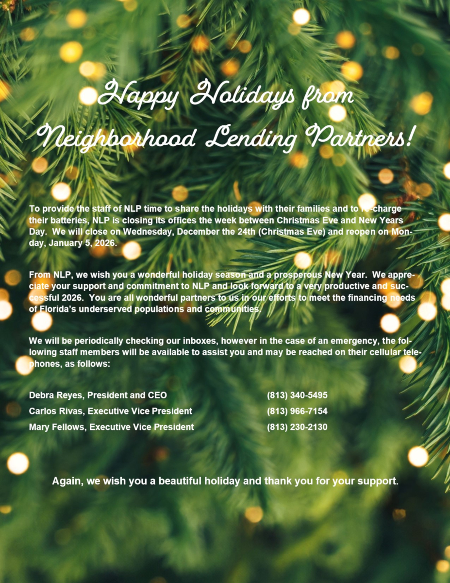 Festive holiday message with greetings from 'Neighborhood Lending Partners' overlaid on green pine branches with warm, glowing lights.